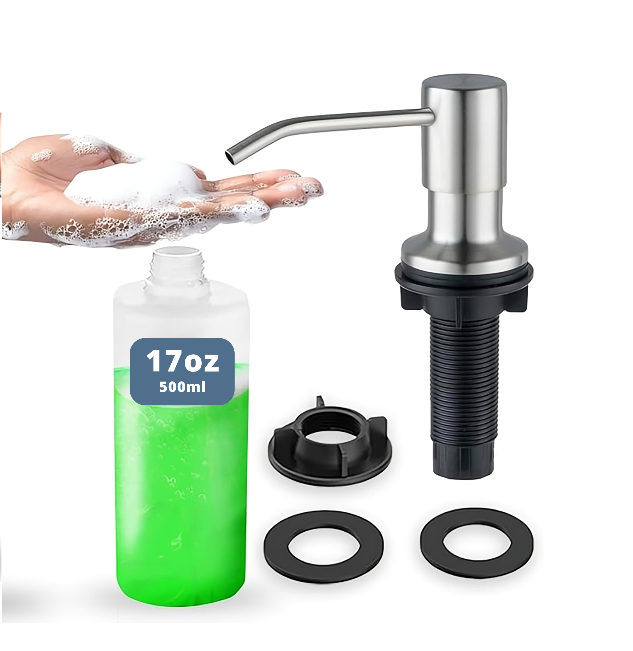 SBEN Built-in Kitchen Sink Soap Dispenser – 17 oz Refillable PET Bottle, Durable ABS Head, Countertop Hand Soap and Lotion Dispenser, Easy Installation, Rust-Resistant