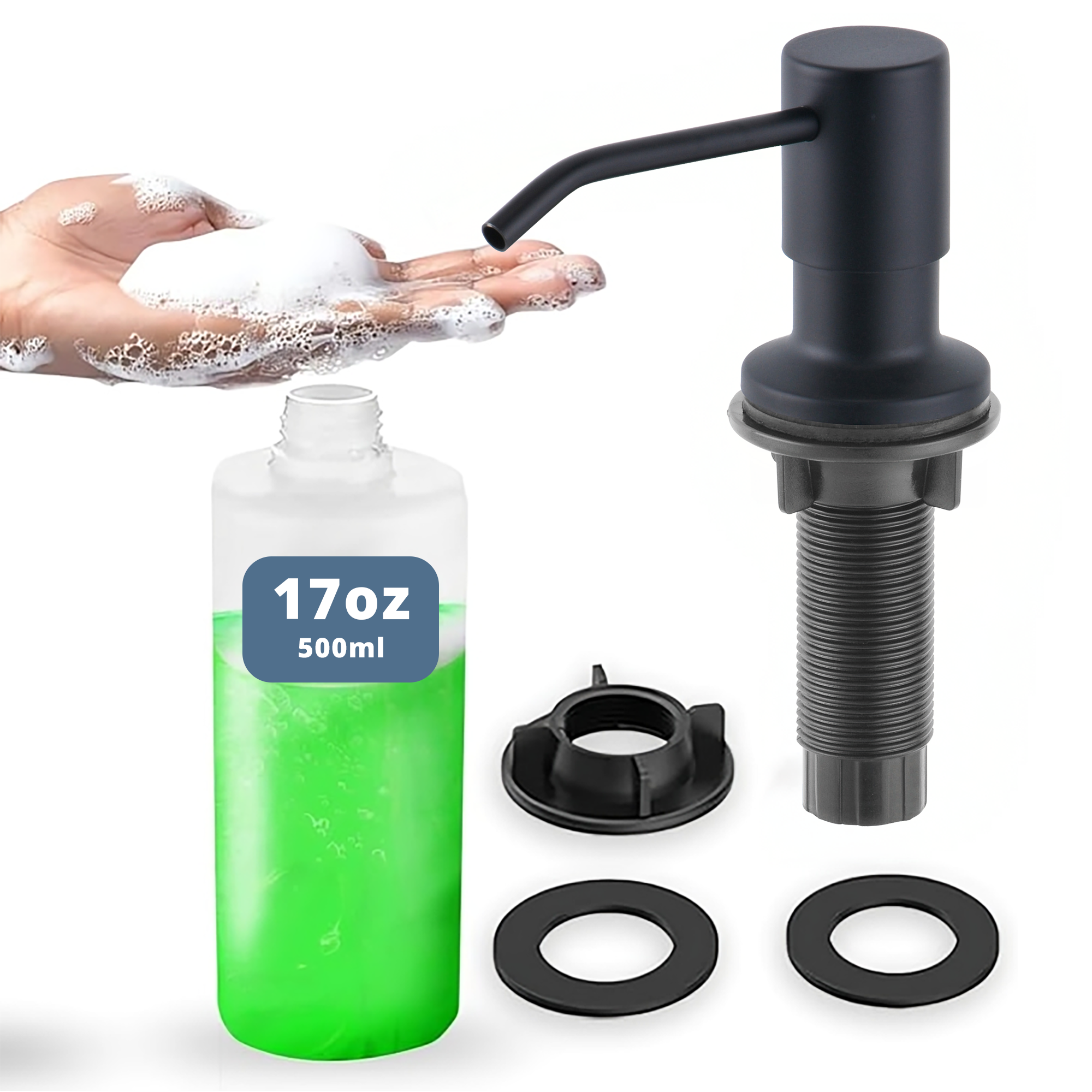 SBEN Built-in Kitchen Sink Soap Dispenser – 17 oz Refillable PET Bottle, Durable ABS Head, Countertop Hand Soap and Lotion Dispenser, Easy Installation, Rust-Resistant
