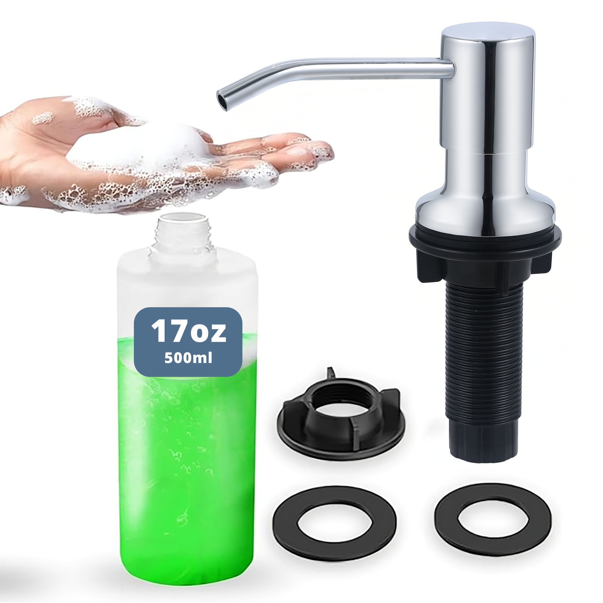 SBEN Built-in Kitchen Sink Soap Dispenser – 17 oz Refillable PET Bottle, Durable ABS Head, Countertop Hand Soap and Lotion Dispenser, Easy Installation, Rust-Resistant