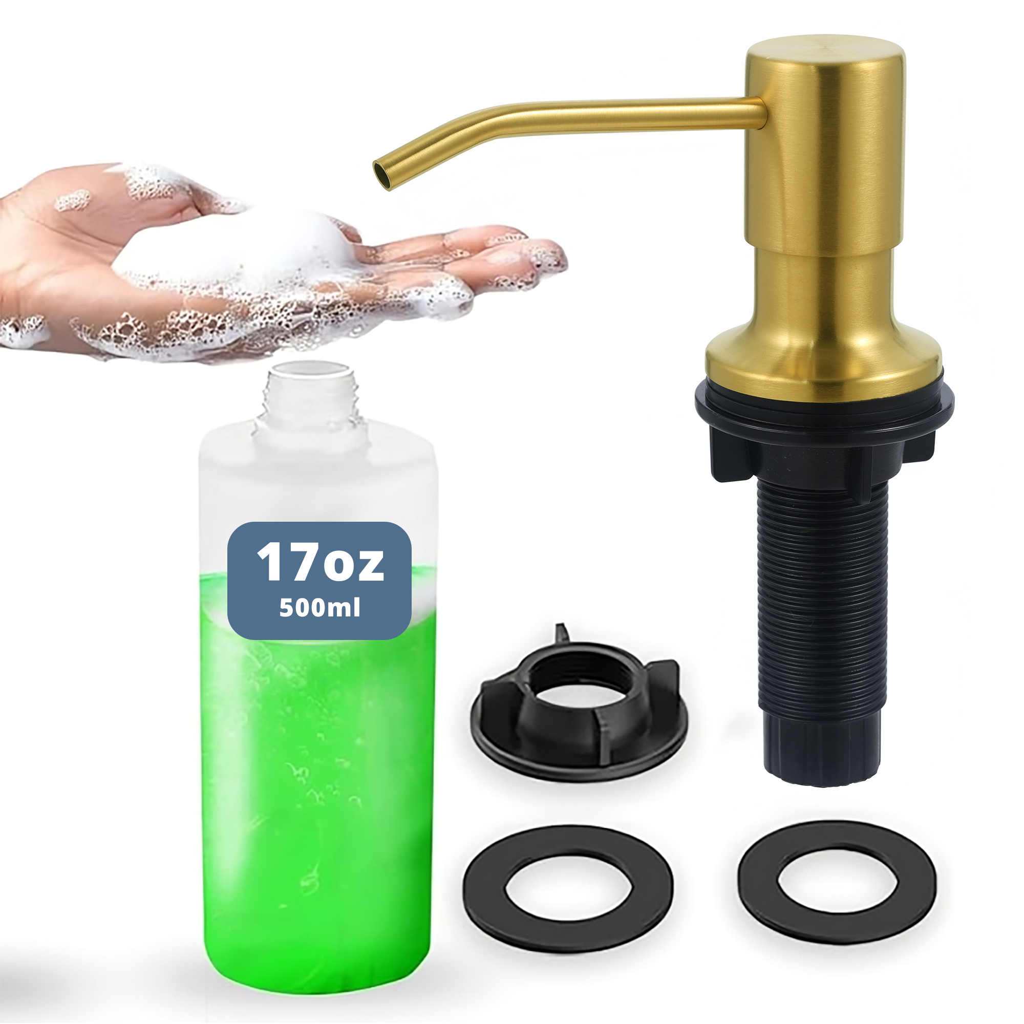 SBEN Built-in Kitchen Sink Soap Dispenser – 17 oz Refillable PET Bottle, Durable ABS Head, Countertop Hand Soap and Lotion Dispenser, Easy Installation, Rust-Resistant
