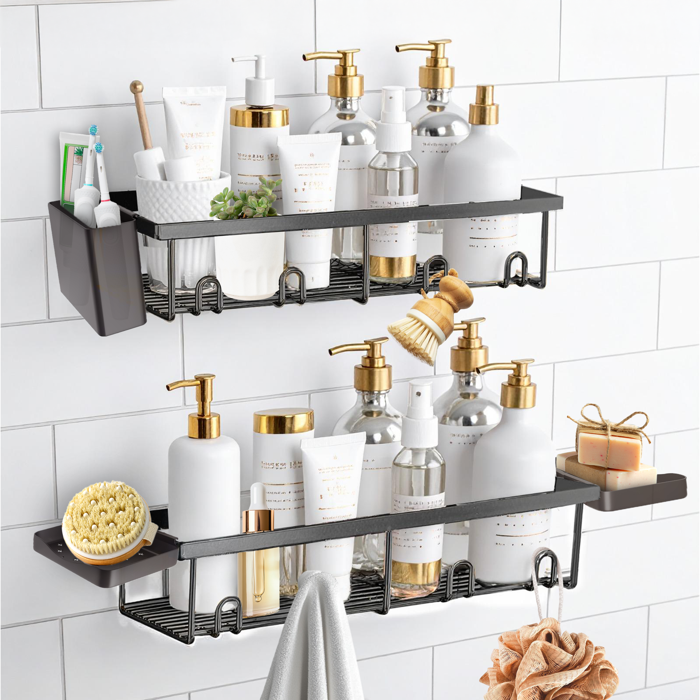 SBEN Shower Caddy Adhesive, 5 Pack Organizer Rustproof, Carbon Steel Bathroom Shelves, Large Capacity No-Drill, Rack Storage Accessories with 2 Soap Dish, Toothbrush Holder and 8 Hooks Home Decor