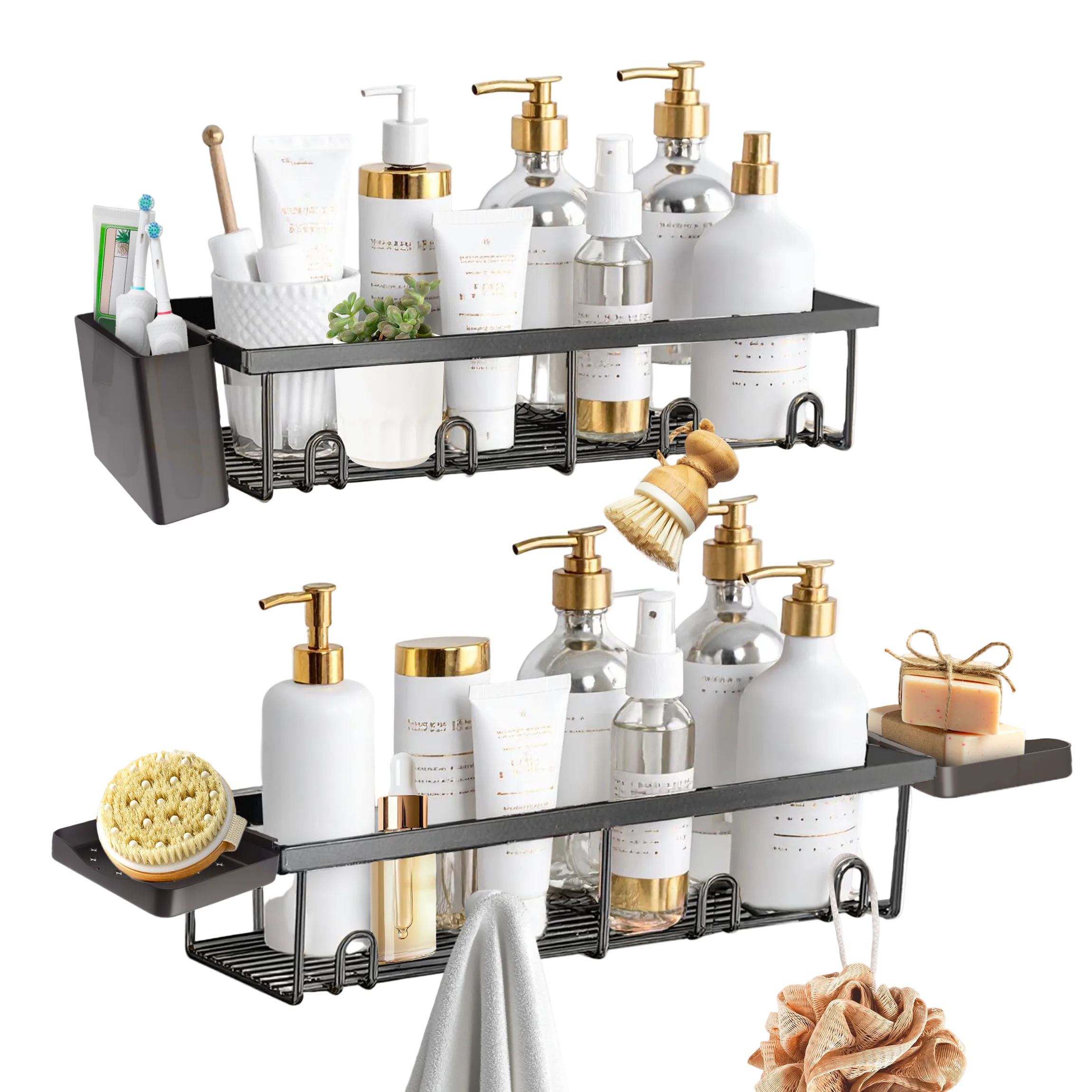 SBEN Shower Caddy Adhesive, 5 Pack Organizer Rustproof, Carbon Steel Bathroom Shelves, Large Capacity No-Drill, Rack Storage Accessories with 2 Soap Dish, Toothbrush Holder and 8 Hooks Home Decor