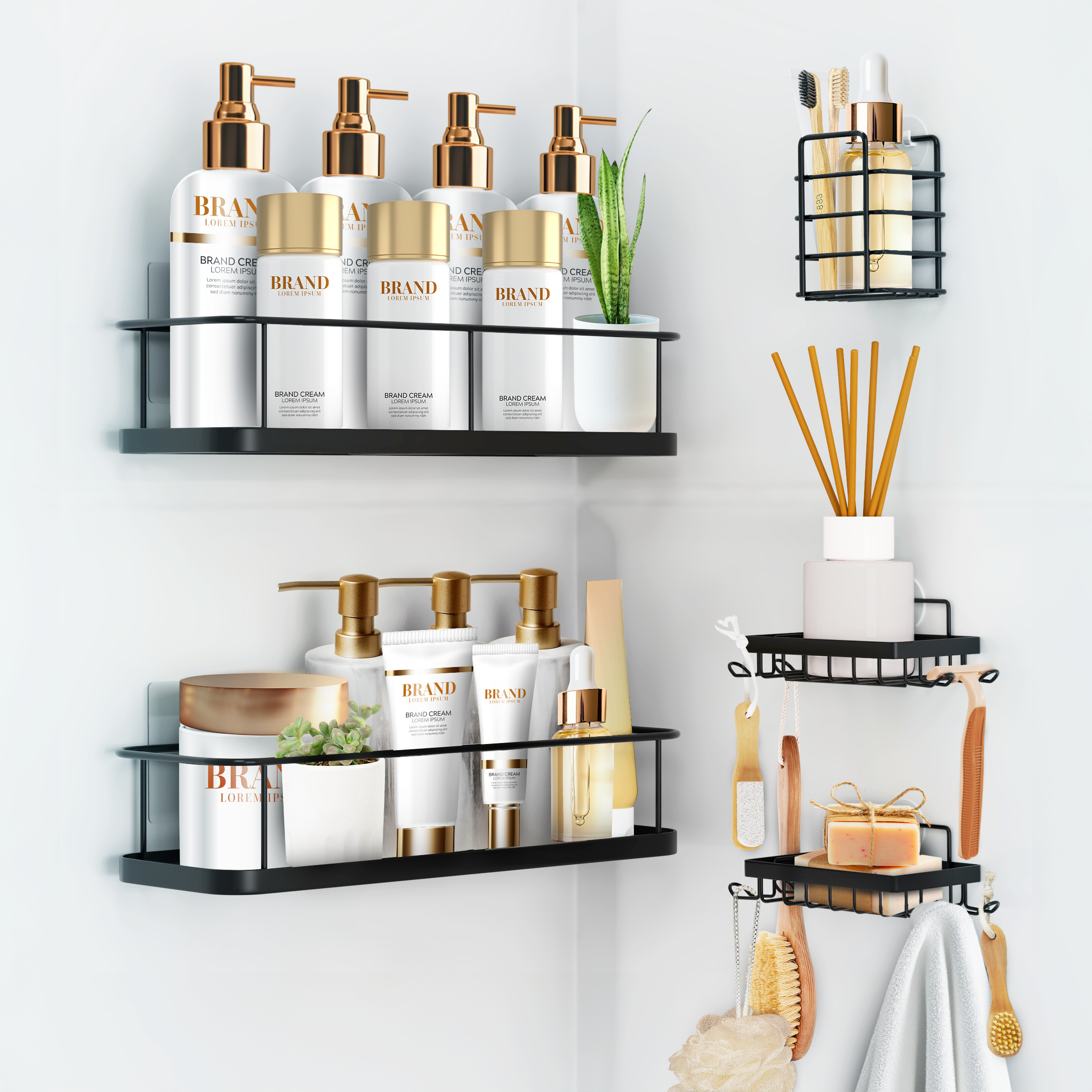 SBEN Shower Caddy Adhesive, No Drill, 5 Pack Bathroom Shower Organizers, 2 Soap and Toothbrush Holder, Rustproof Shelves, Wall-Mounted