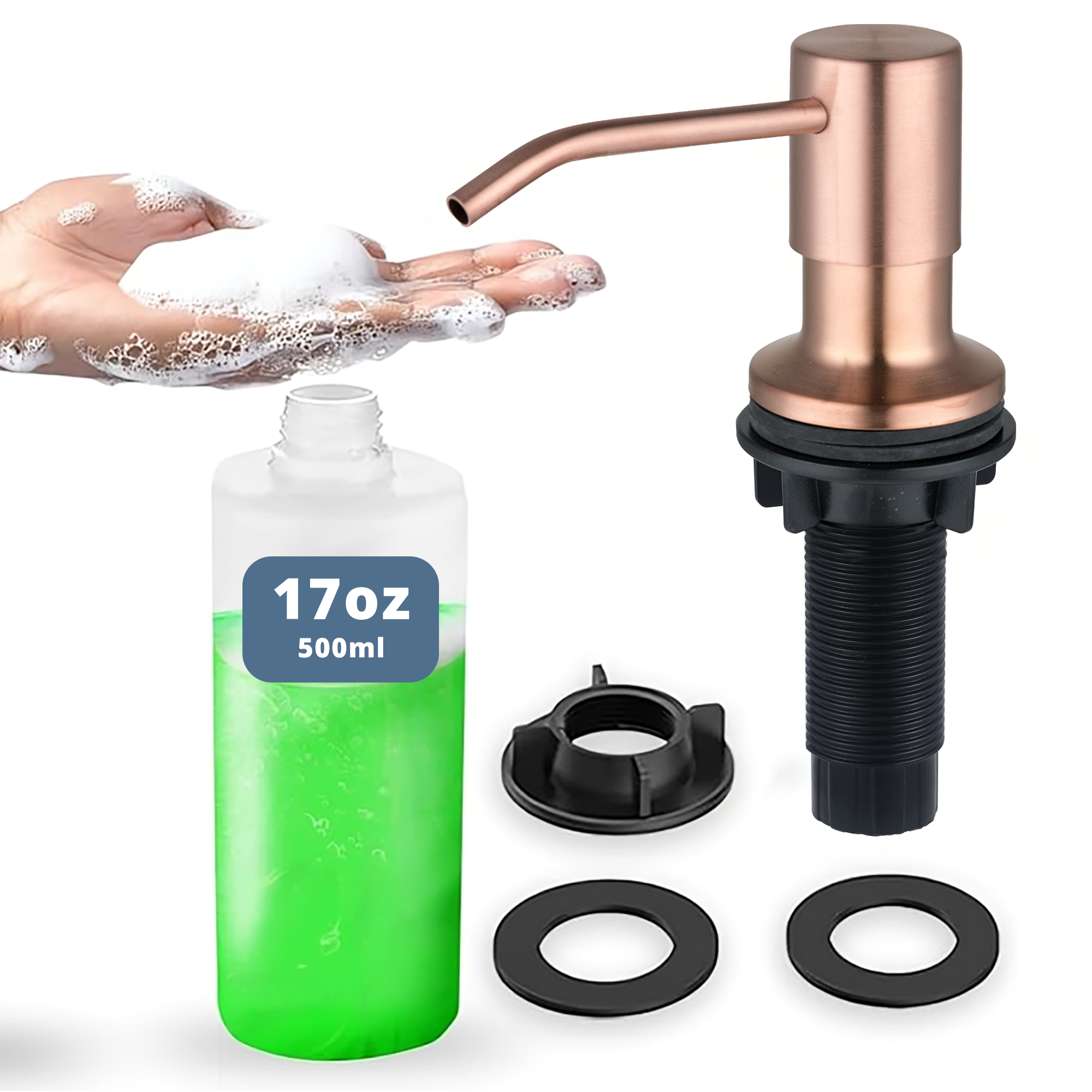 SBEN Built-in Kitchen Sink Soap Dispenser – 17 oz Refillable PET Bottle, Durable ABS Head, Countertop Hand Soap and Lotion Dispenser, Easy Installation, Rust-Resistant