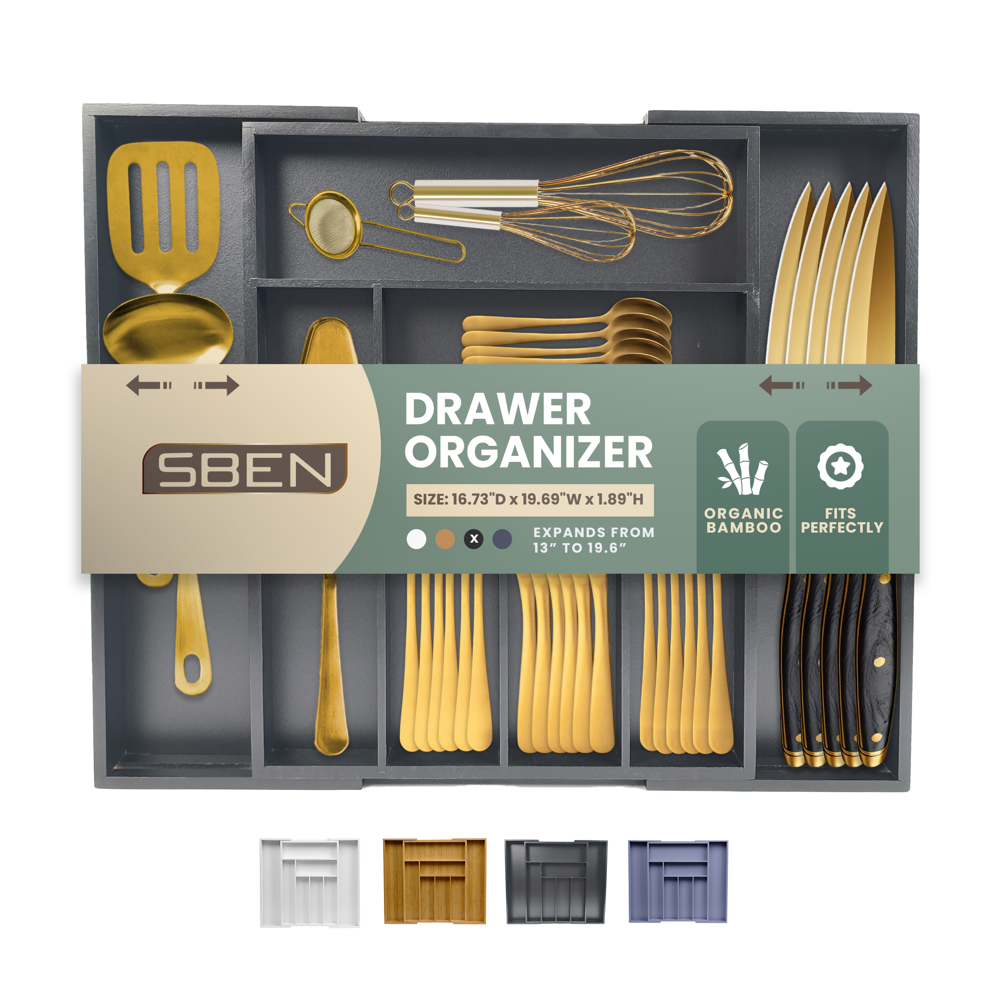 Sben Expandable Drawer Organizer for Utensils Holder, Adjustable Cutlery Tray, Wood Drawer Dividers Organizer for Silverware, Flatware, Knives for Kitchen