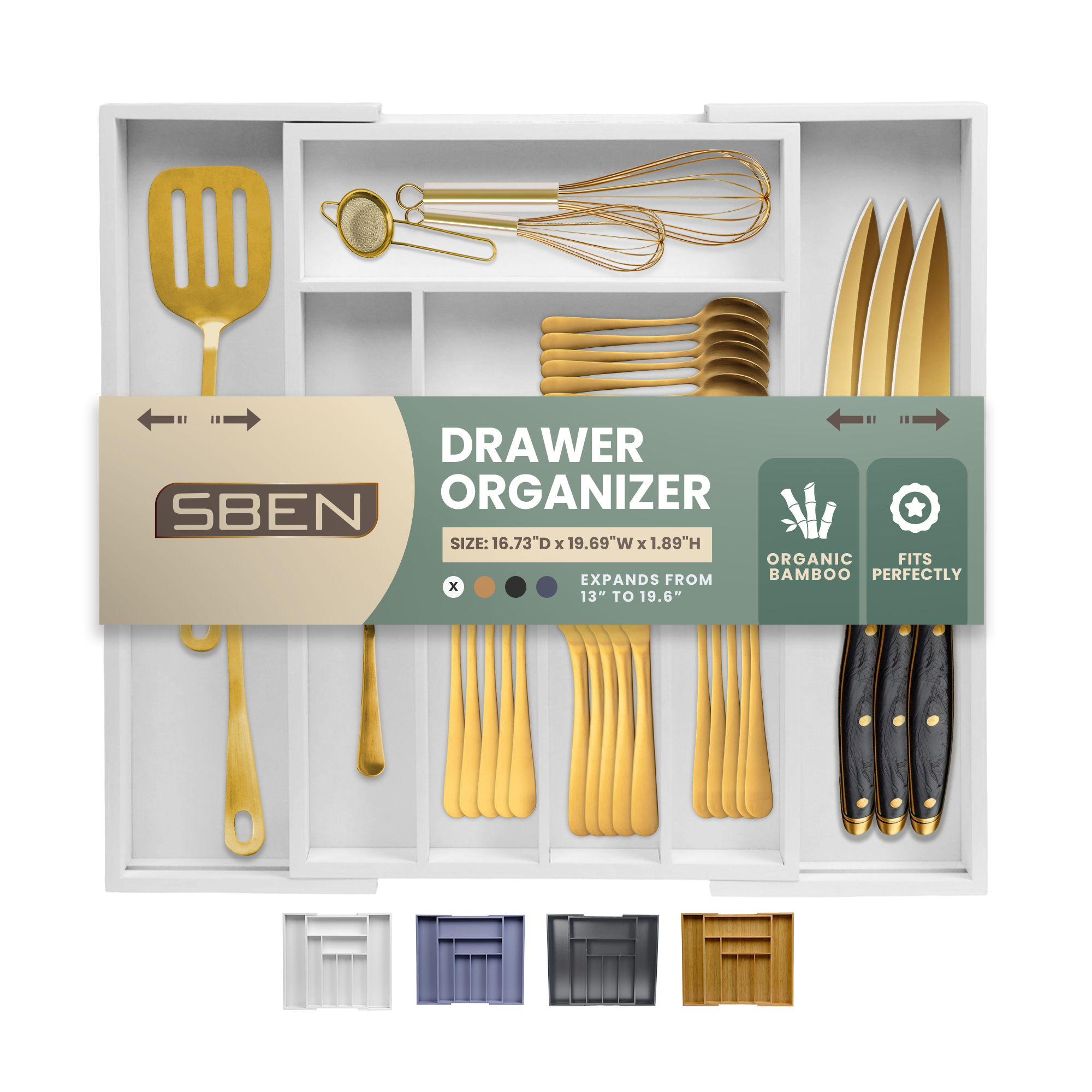 Sben Expandable Drawer Organizer for Utensils Holder, Adjustable Cutlery Tray, Wood Drawer Dividers Organizer for Silverware, Flatware, Knives for Kitchen