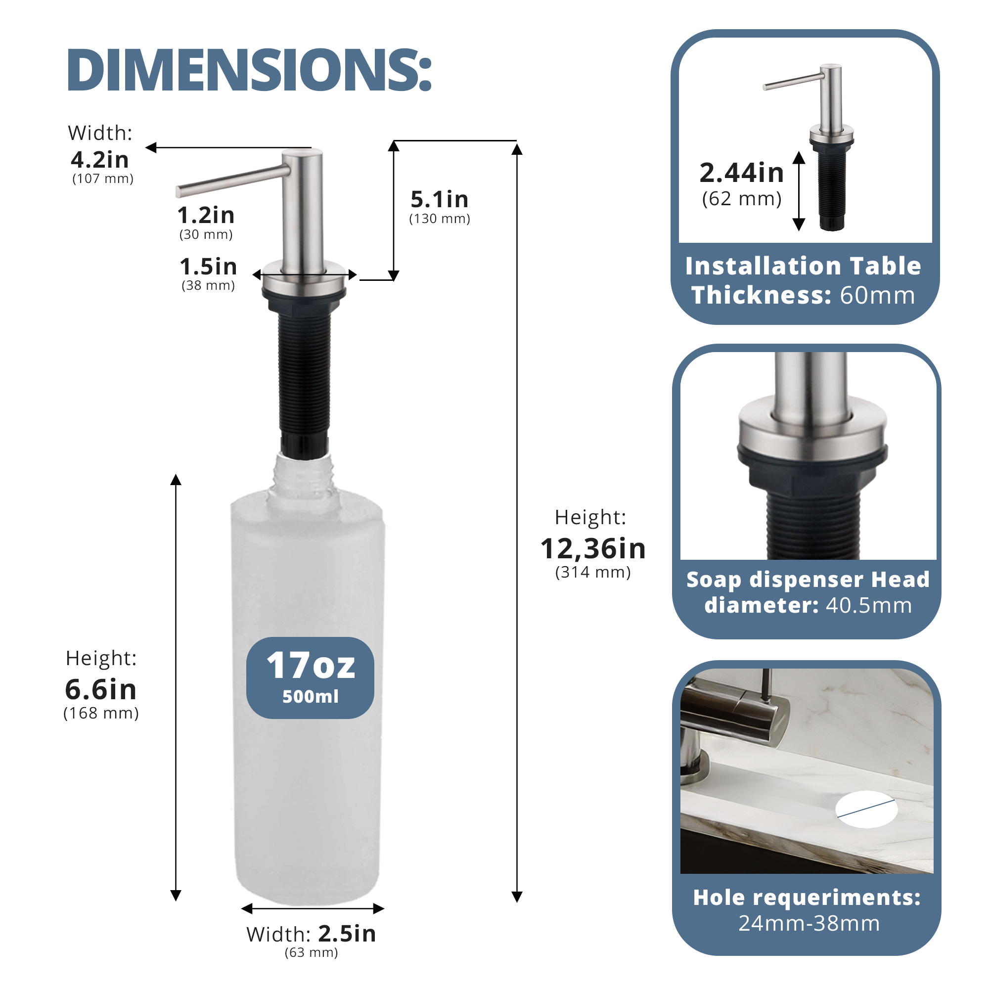 SBEN Kitchen Sink Soap Dispenser – Countertop Pump for Hand Soap or Lotion, Built-in Bottle, Upgraded Stainless Steel Design with Easy Screw Installation