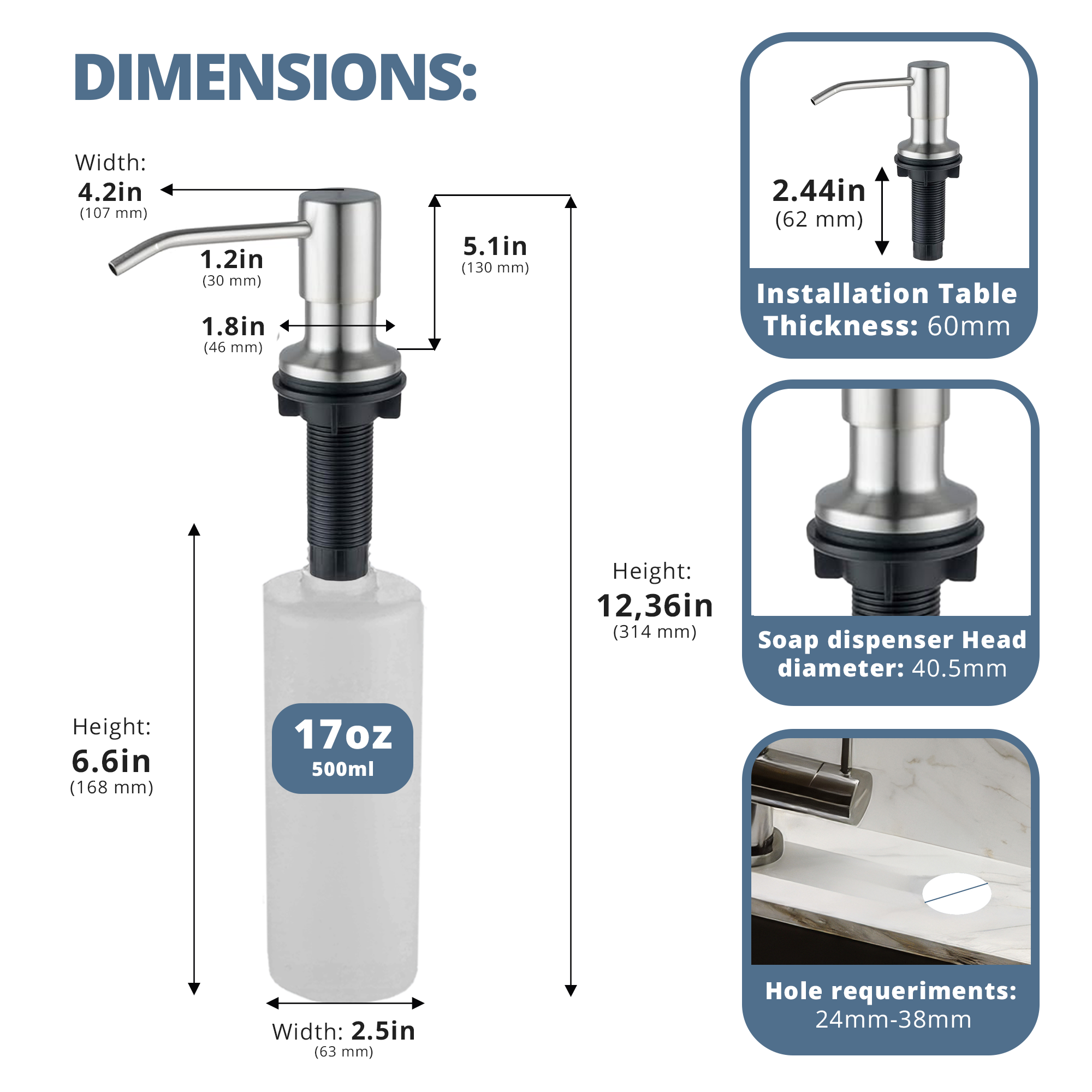 SBEN Built-in Kitchen Sink Soap Dispenser – 17 oz Refillable PET Bottle, Durable ABS Head, Countertop Hand Soap and Lotion Dispenser, Easy Installation, Rust-Resistant