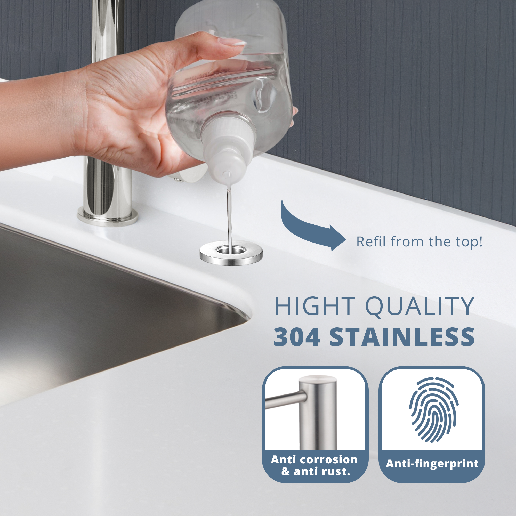 SBEN Kitchen Sink Soap Dispenser – Countertop Pump for Hand Soap or Lotion, Built-in Bottle, Upgraded Stainless Steel Design with Easy Screw Installation