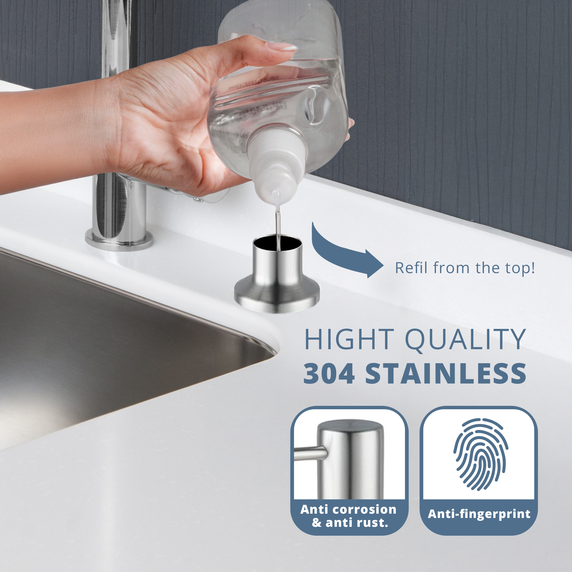 SBEN Built-in Kitchen Sink Soap Dispenser – 17 oz Refillable PET Bottle, Durable ABS Head, Countertop Hand Soap and Lotion Dispenser, Easy Installation, Rust-Resistant