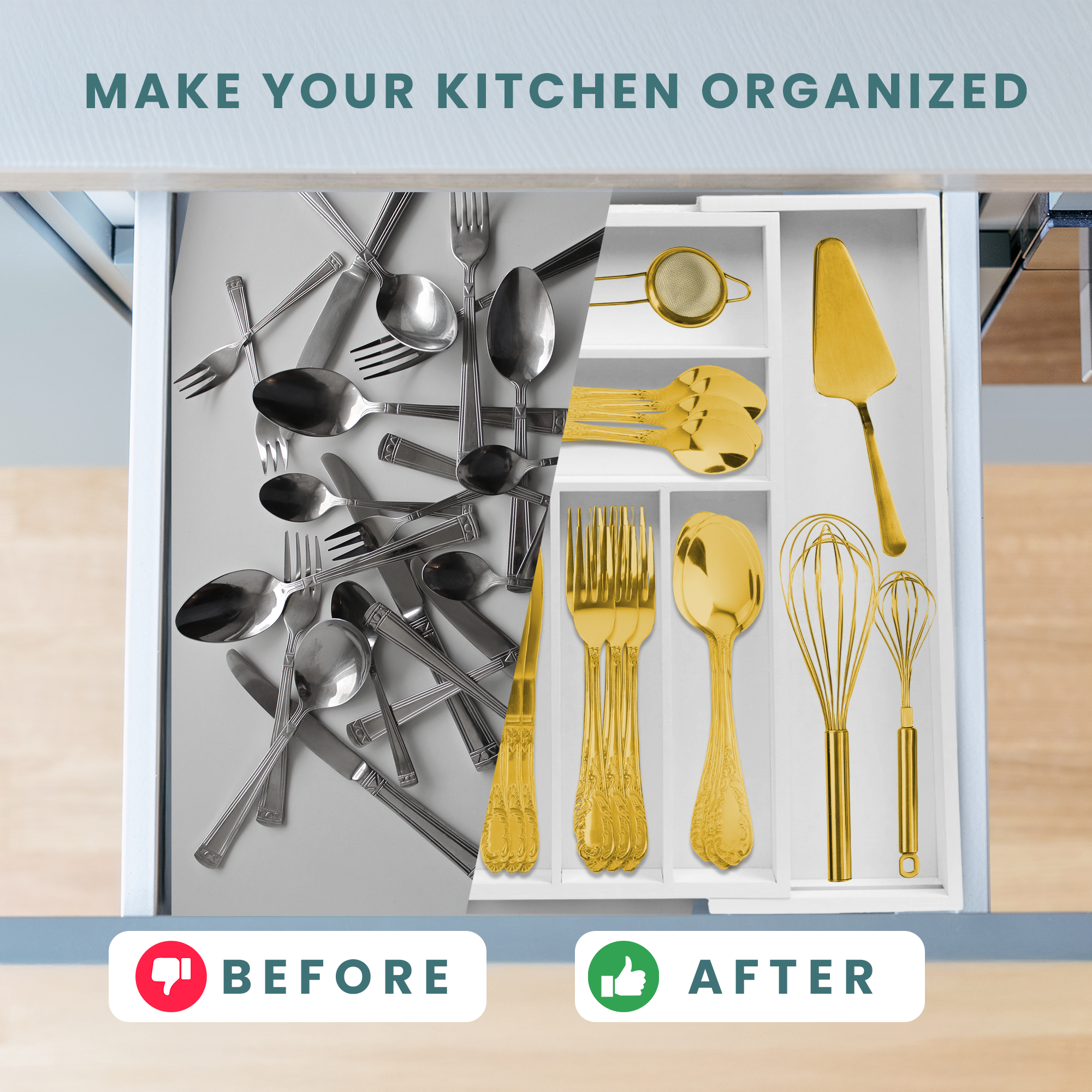 Sben Expandable Drawer Organizer for Utensils Holder, Adjustable Cutlery Tray, Wood Drawer Dividers Organizer for Silverware, Flatware, Knives for Kitchen