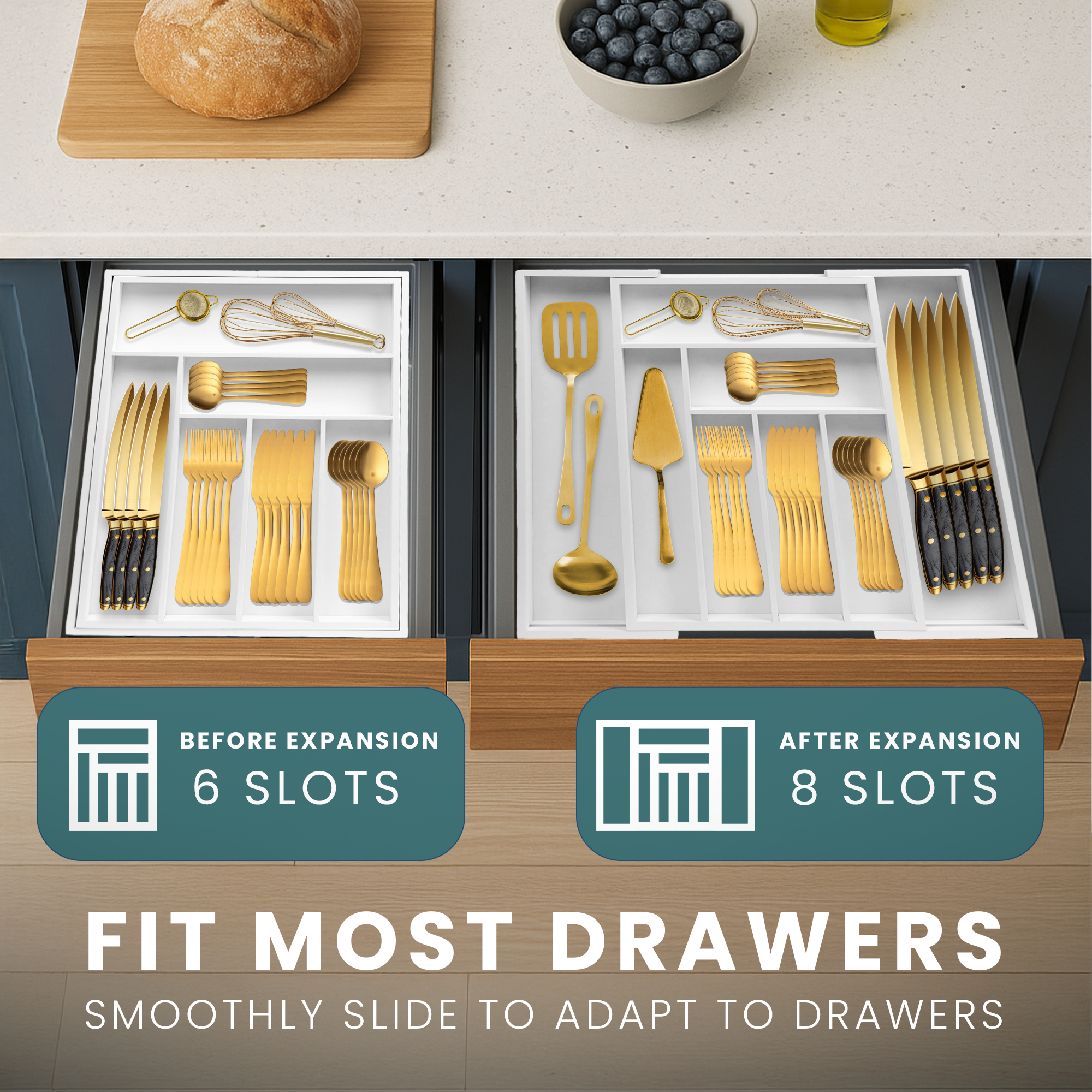 Sben Expandable Drawer Organizer for Utensils Holder, Adjustable Cutlery Tray, Wood Drawer Dividers Organizer for Silverware, Flatware, Knives for Kitchen