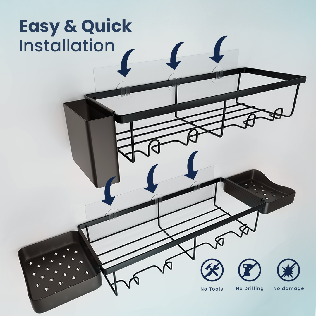 SBEN Shower Caddy Adhesive, 5 Pack Organizer Rustproof, Carbon Steel Bathroom Shelves, Large Capacity No-Drill, Rack Storage Accessories with 2 Soap Dish, Toothbrush Holder and 8 Hooks Home Decor