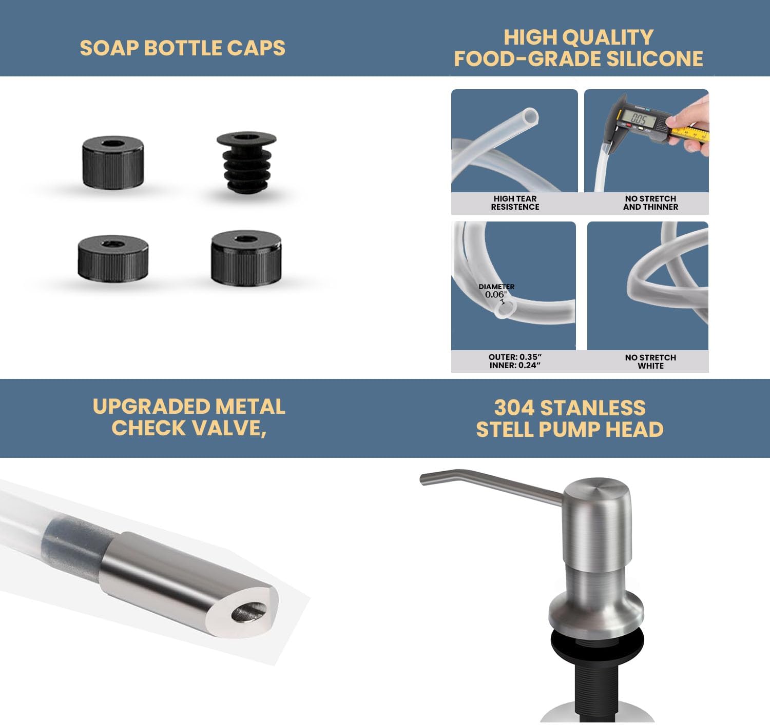 SBEN Built-in Kitchen Sink Soap Dispenser – Stainless Steel Brushed Nickel Pump, 17 oz Bottle and Tube Kit 47", Upgraded Metal Check Valve, Countertop Hand Soap & Lotion Dispenser, Durable ABS Head