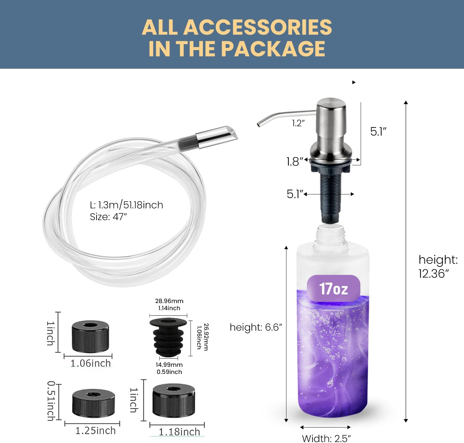 SBEN Built-in Kitchen Sink Soap Dispenser – Stainless Steel Brushed Nickel Pump, 17 oz Bottle and Tube Kit 47", Upgraded Metal Check Valve, Countertop Hand Soap & Lotion Dispenser, Durable ABS Head