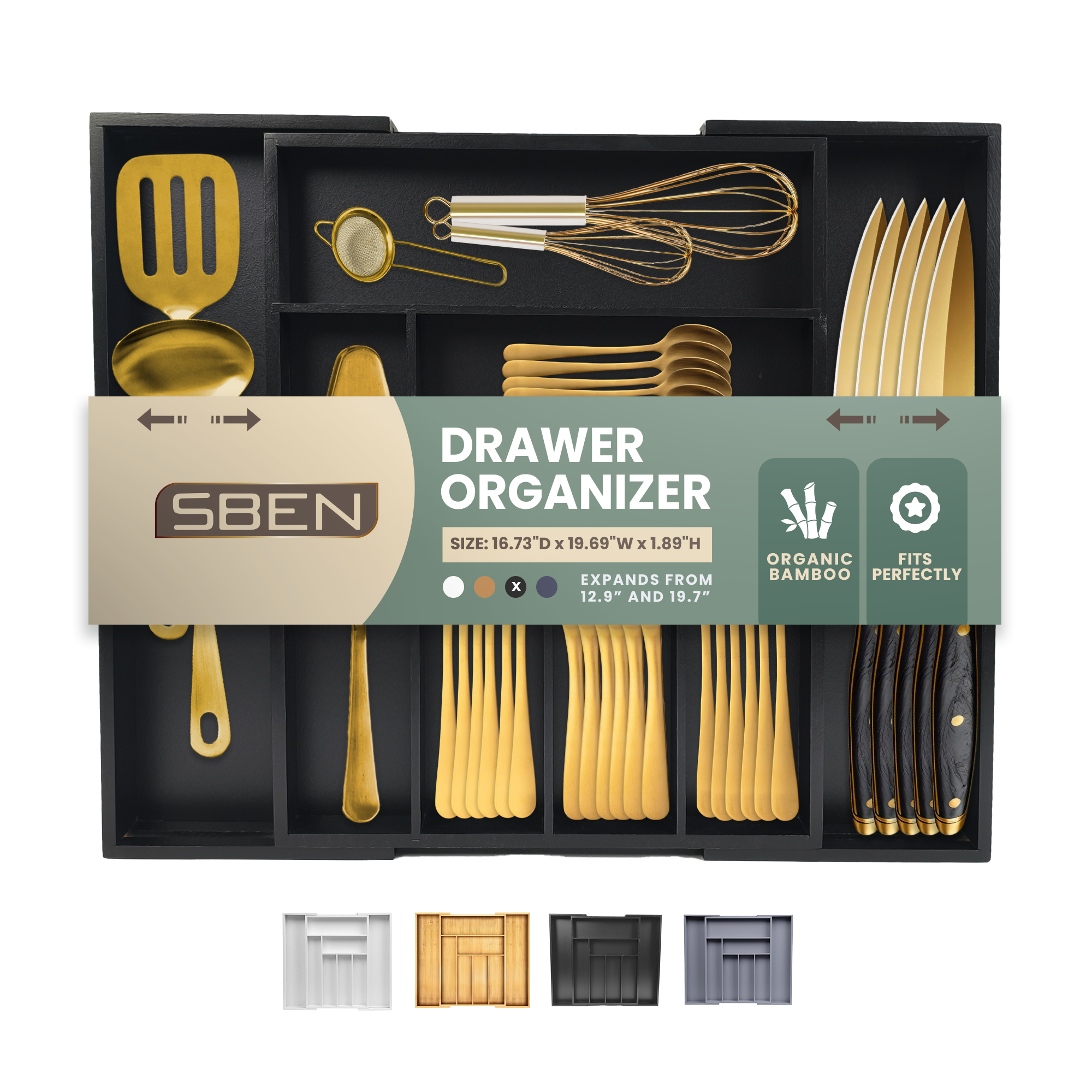 Sben Expandable Drawer Organizer for Utensils Holder, Adjustable Cutlery Tray, Wood Drawer Dividers Organizer for Silverware, Flatware, Knives for Kitchen