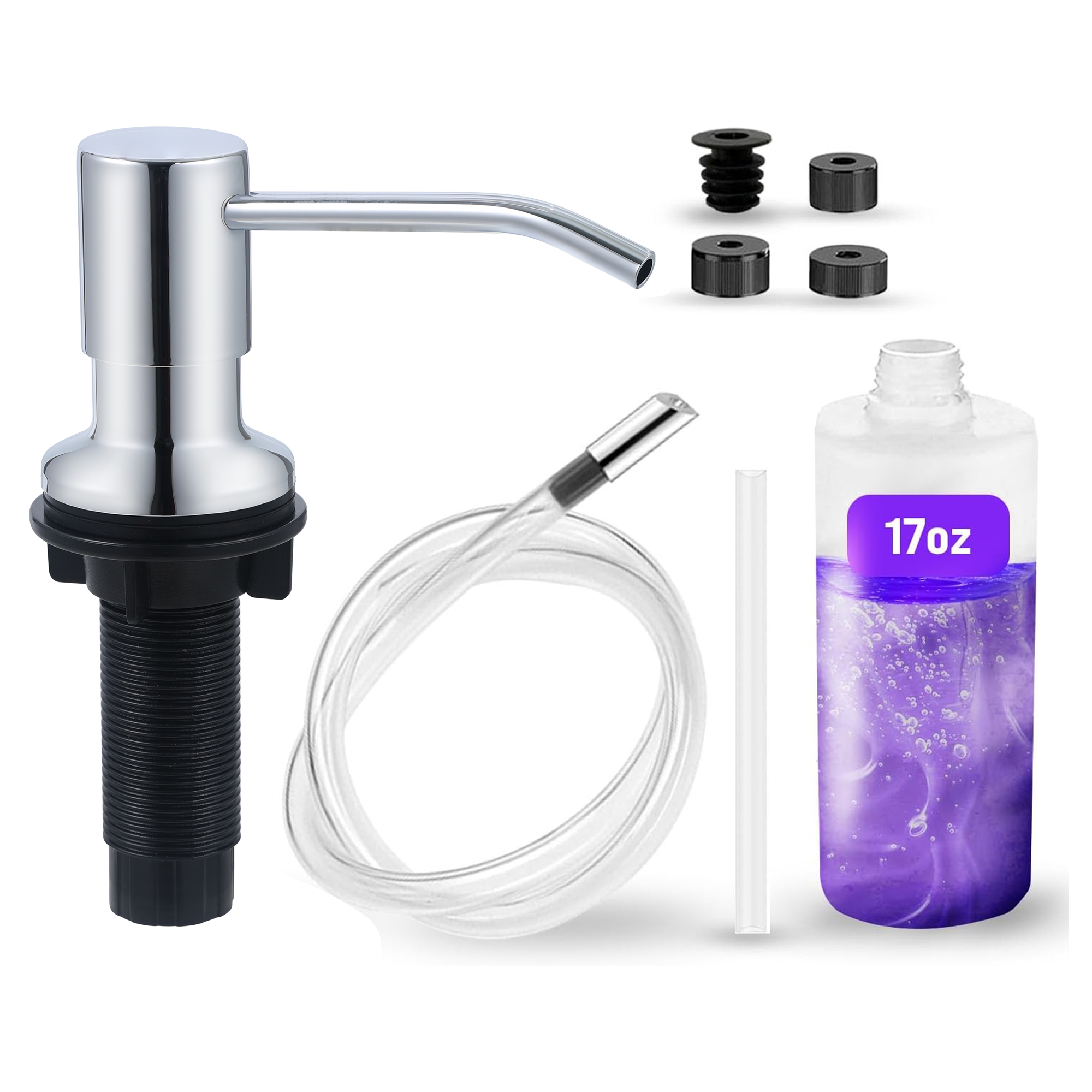 SBEN Built-in Kitchen Sink Soap Dispenser – Stainless Steel Brushed Nickel Pump, 17 oz Bottle and Tube Kit 47", Upgraded Metal Check Valve, Countertop Hand Soap & Lotion Dispenser, Durable ABS Head