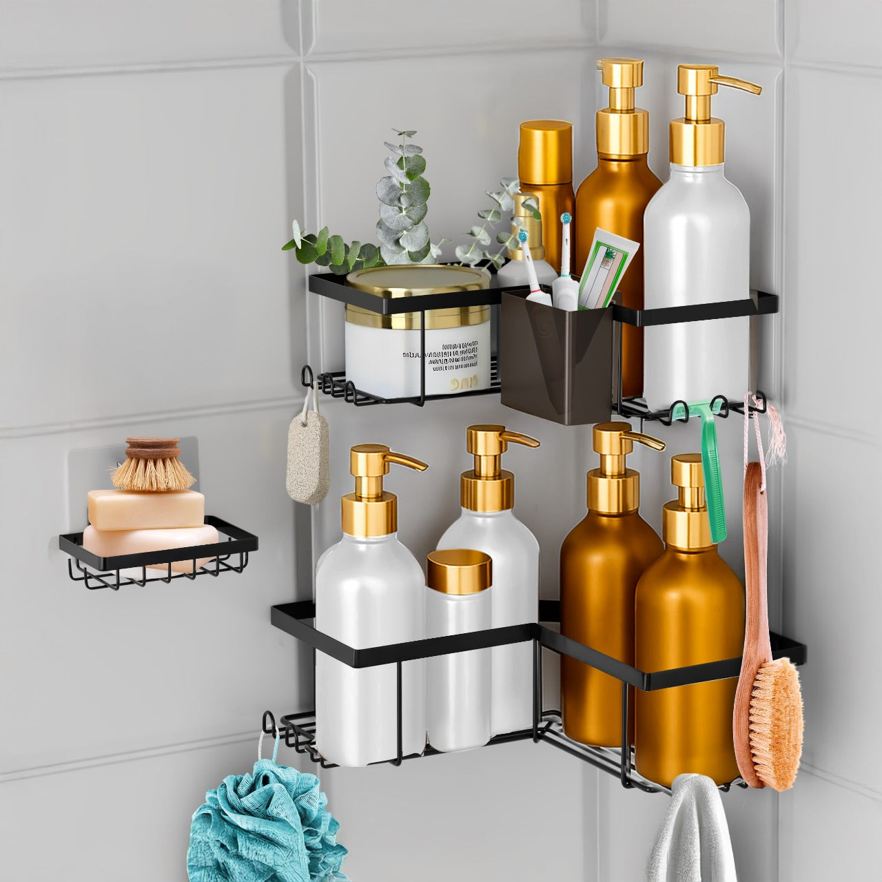 SBEN Corner Adhesive Shower Caddy, Toothbrush Holder, Soap Holder and 12 Hooks, 4 Pack Rustproof Material, Bathroom Organizer, No Drilling Rack