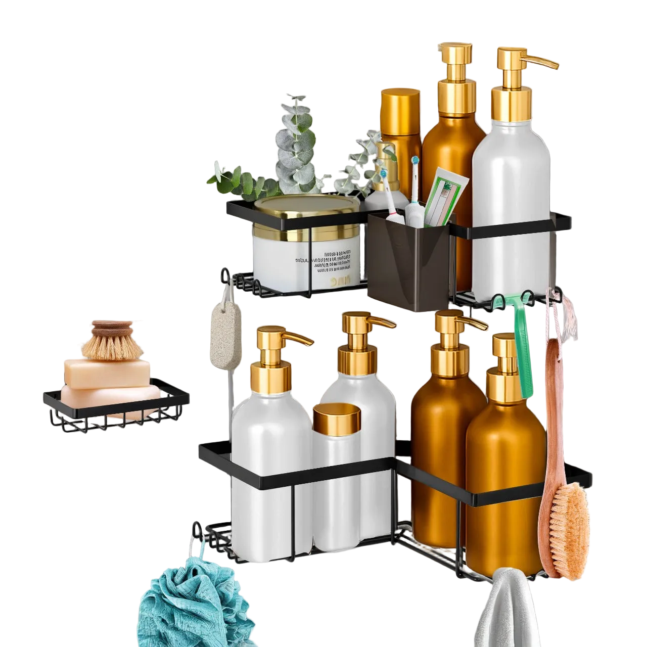 SBEN Corner Adhesive Shower Caddy, Toothbrush Holder, Soap Holder and 12 Hooks, 4 Pack Rustproof Material, Bathroom Organizer, No Drilling Rack