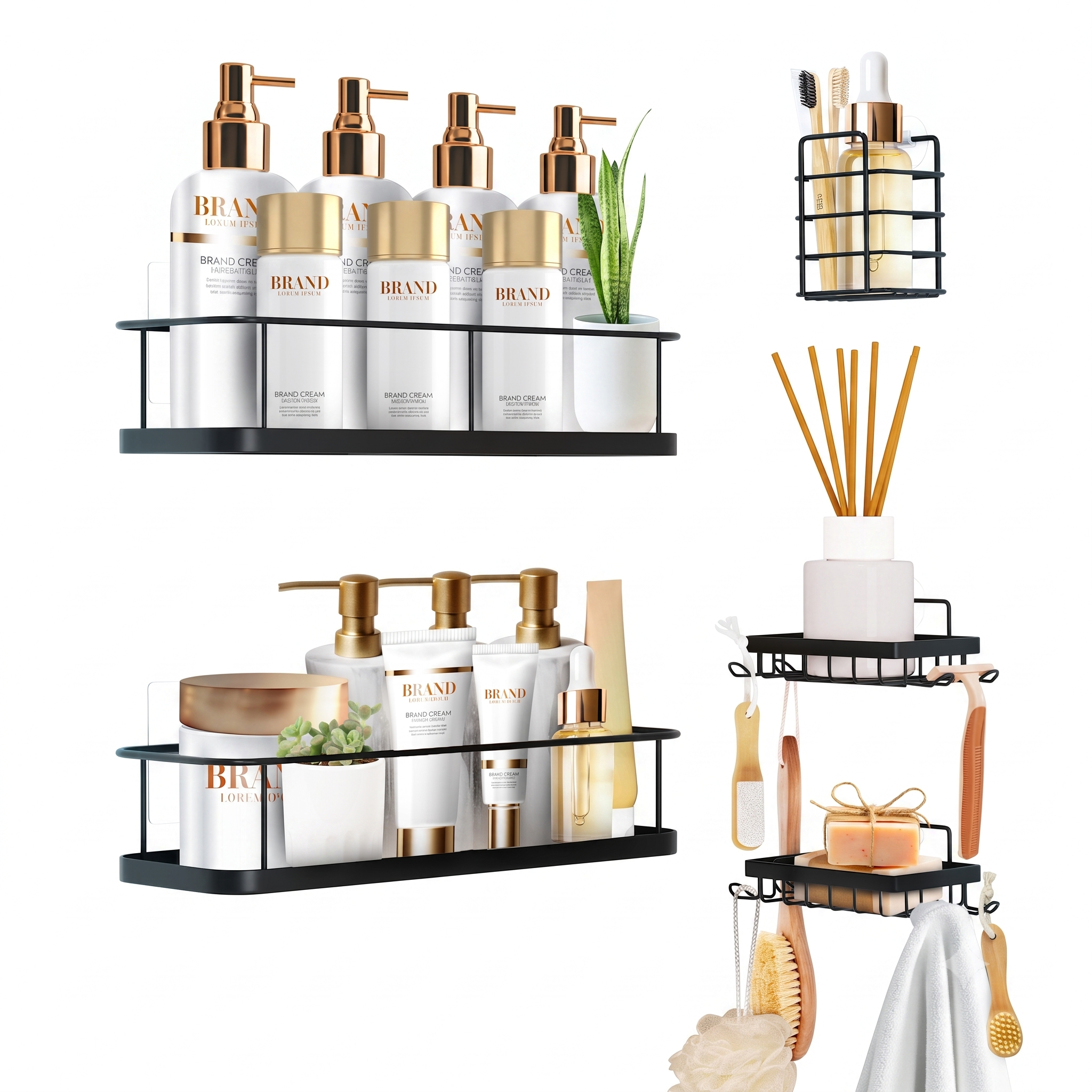 SBEN Shower Caddy Adhesive, No Drill, 5 Pack Bathroom Shower Organizers, 2 Soap and Toothbrush Holder, Rustproof Shelves, Wall-Mounted