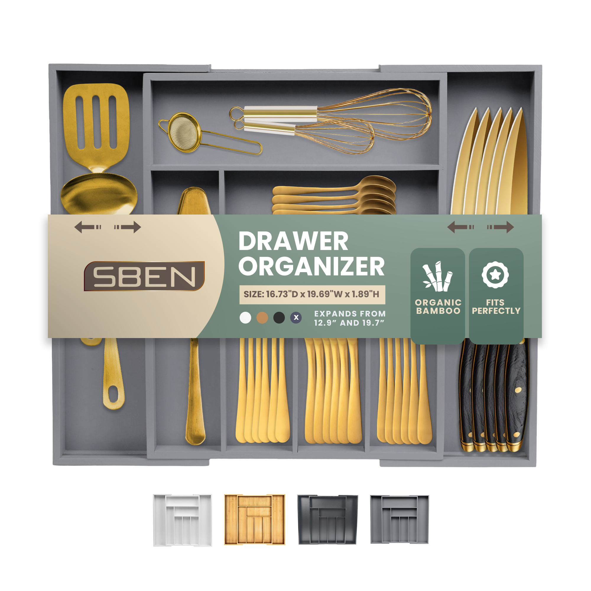 Sben Expandable Drawer Organizer for Utensils Holder, Adjustable Cutlery Tray, Wood Drawer Dividers Organizer for Silverware, Flatware, Knives for Kitchen