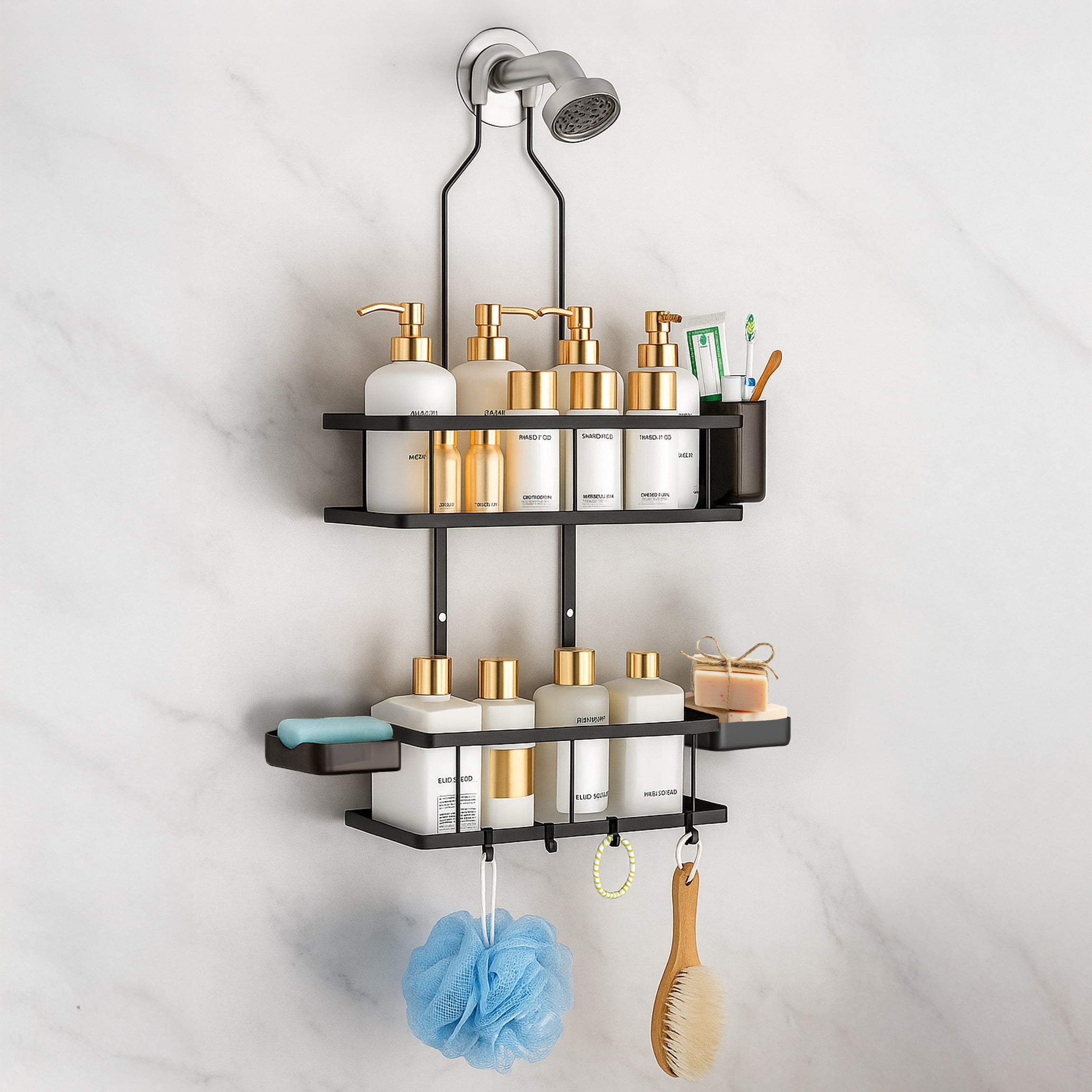 Sben Hanging Shower Caddy Adhesive with Soap Dishes and Toothbrush Holder – Space-Saving 8 Pack Bathroom Organizer 4 Hooks for Easy Storage and Convenience