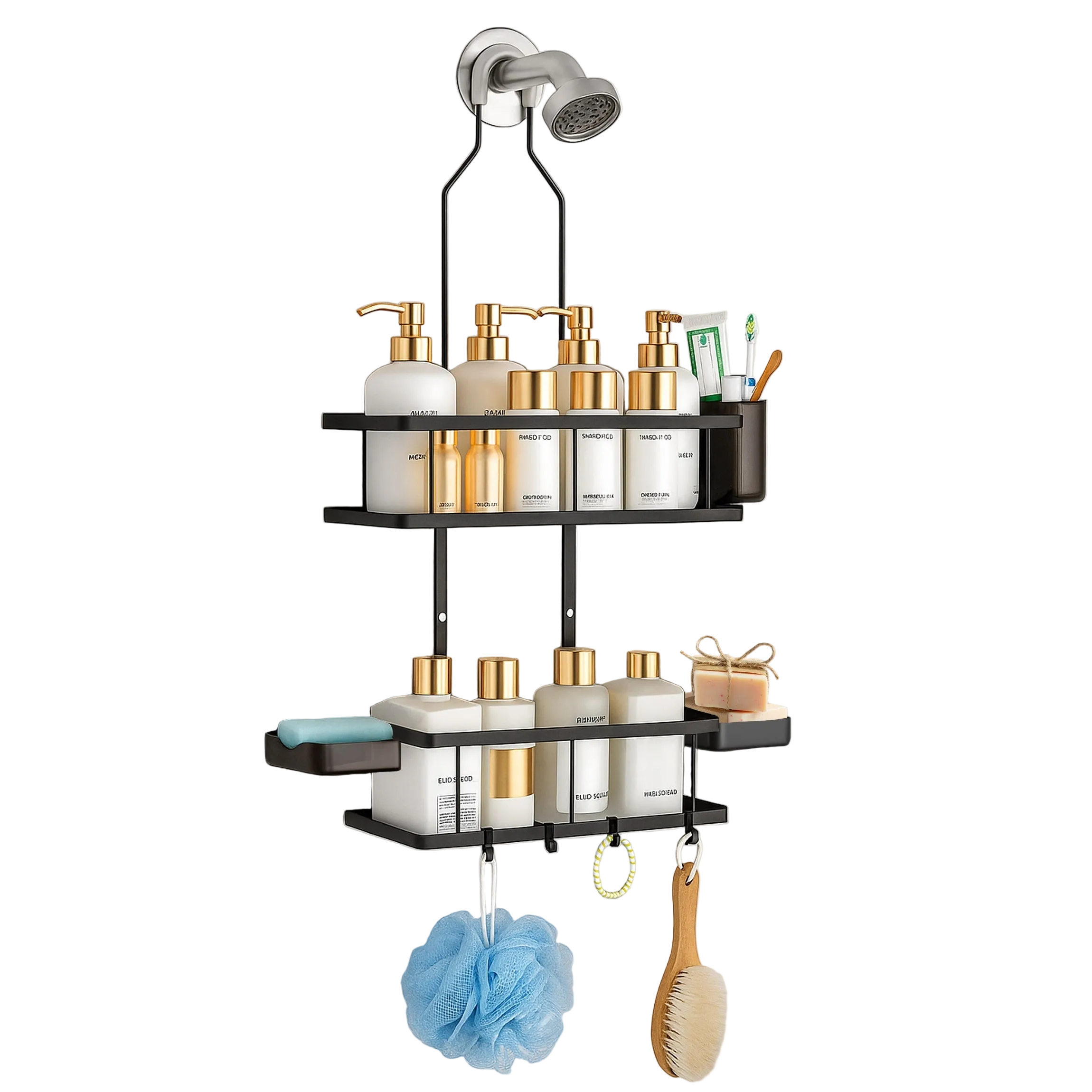 Sben Hanging Shower Caddy Adhesive with Soap Dishes and Toothbrush Holder – Space-Saving 8 Pack Bathroom Organizer 4 Hooks for Easy Storage and Convenience