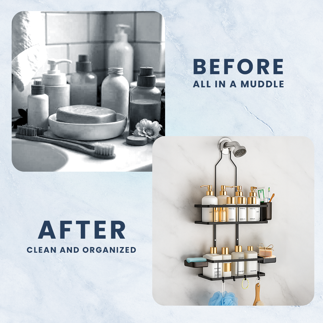 Sben Hanging Shower Caddy Adhesive with Soap Dishes and Toothbrush Holder – Space-Saving 8 Pack Bathroom Organizer 4 Hooks for Easy Storage and Convenience