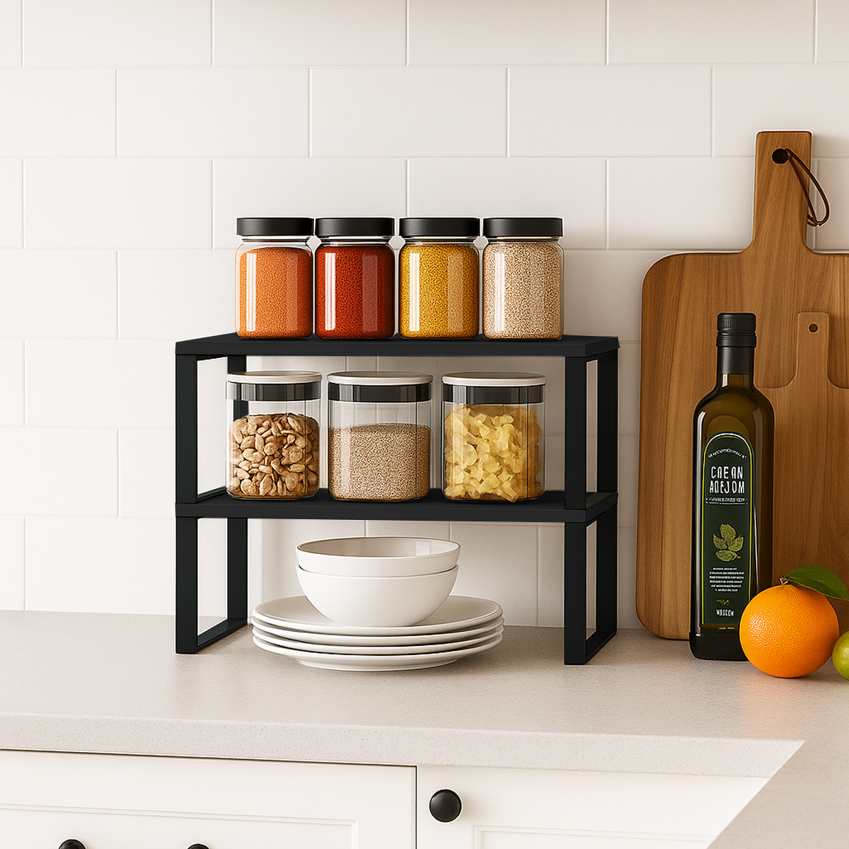 Sben Kitchen Shelf Cabinet Organizer, Set of 2, Counter Shelves, Kitchen Storage, Spice Rack, Stackable, Functional, Metal and Engineered Wood