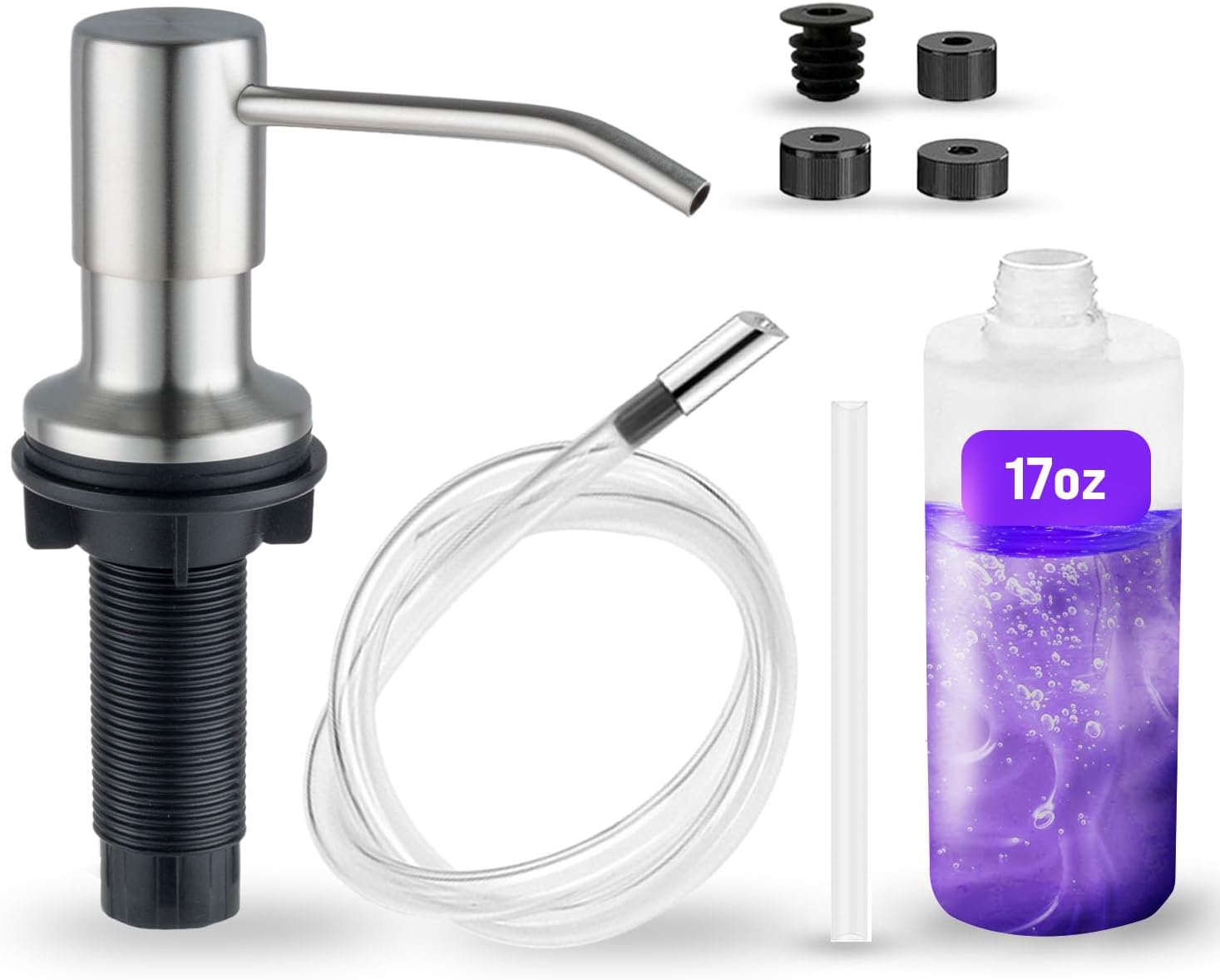 SBEN Built-in Kitchen Sink Soap Dispenser – Stainless Steel Brushed Nickel Pump, 17 oz Bottle and Tube Kit 47", Upgraded Metal Check Valve, Countertop Hand Soap & Lotion Dispenser, Durable ABS Head